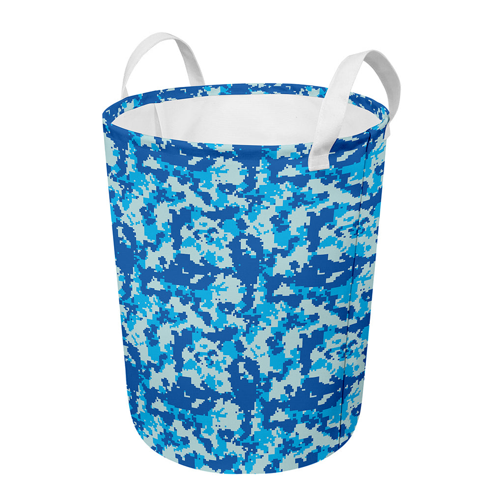Blue Digital Camo Pattern Print Round Laundry Basket
