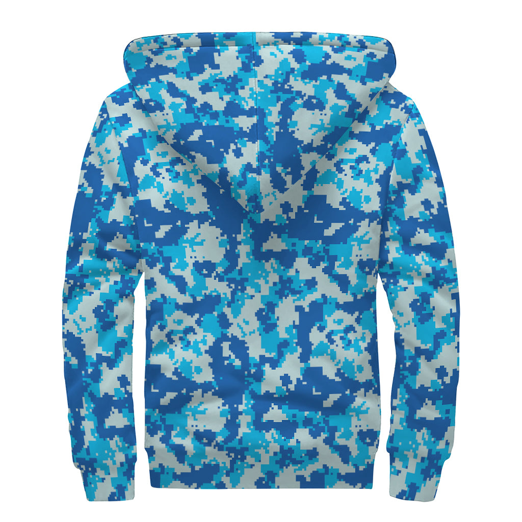 Blue Digital Camo Pattern Print Sherpa Lined Zip Up Hoodie
