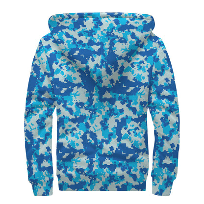 Blue Digital Camo Pattern Print Sherpa Lined Zip Up Hoodie