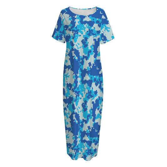 Blue Digital Camo Pattern Print Short Sleeve Long Nightdress