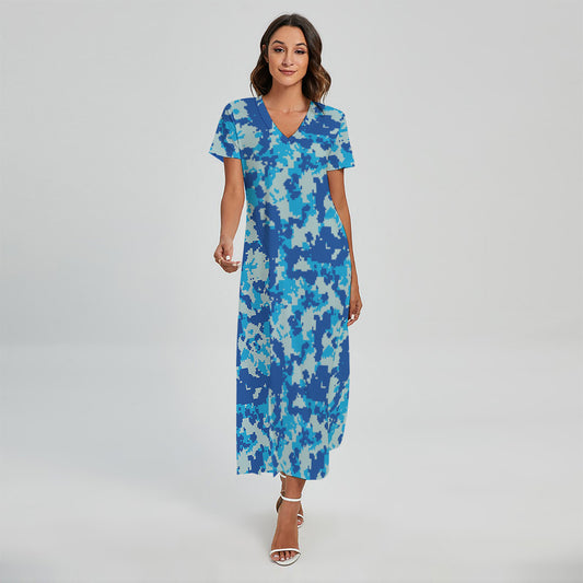Blue Digital Camo Pattern Print Short Sleeve Maxi Dress