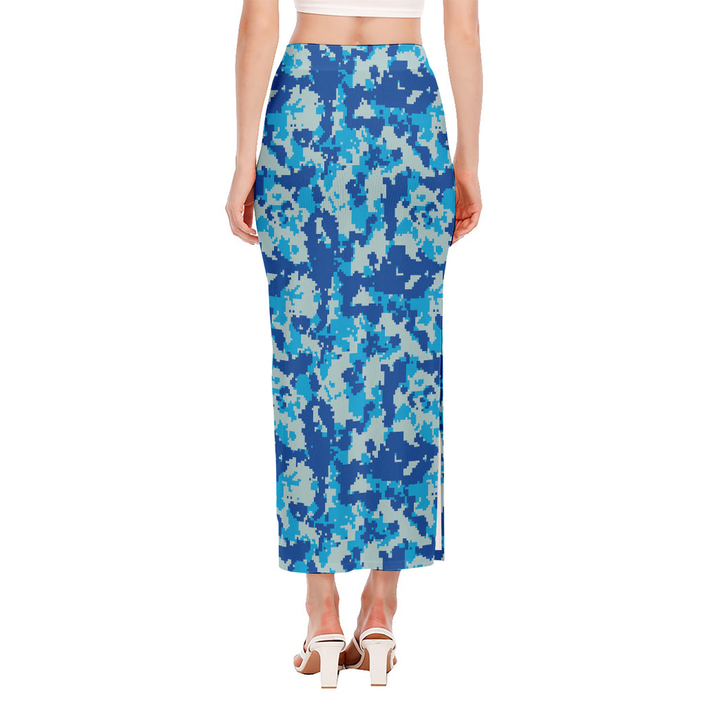 Blue Digital Camo Pattern Print Side Slit Maxi Skirt