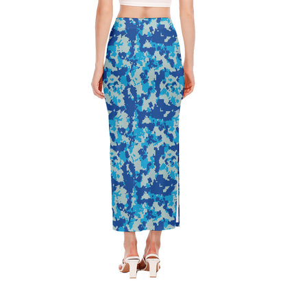 Blue Digital Camo Pattern Print Side Slit Maxi Skirt