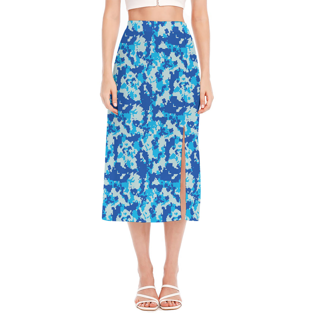 Blue Digital Camo Pattern Print Side Slit Midi Skirt