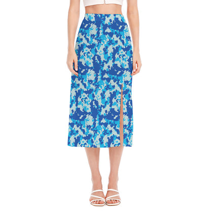 Blue Digital Camo Pattern Print Side Slit Midi Skirt