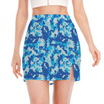 Blue Digital Camo Pattern Print Side Slit Mini Skirt