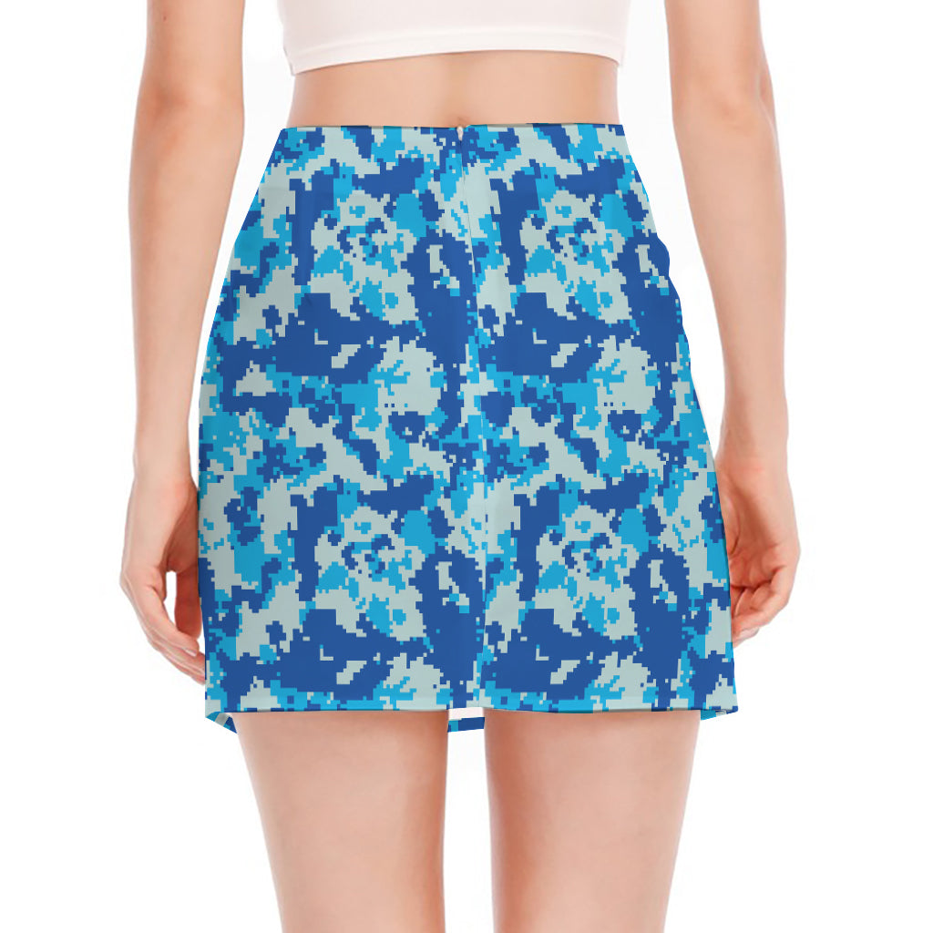 Blue Digital Camo Pattern Print Side Slit Mini Skirt