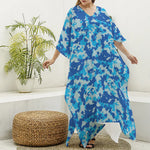 Blue Digital Camo Pattern Print Silk V-Neck Kaftan Dress