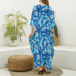 Blue Digital Camo Pattern Print Silk V-Neck Kaftan Dress
