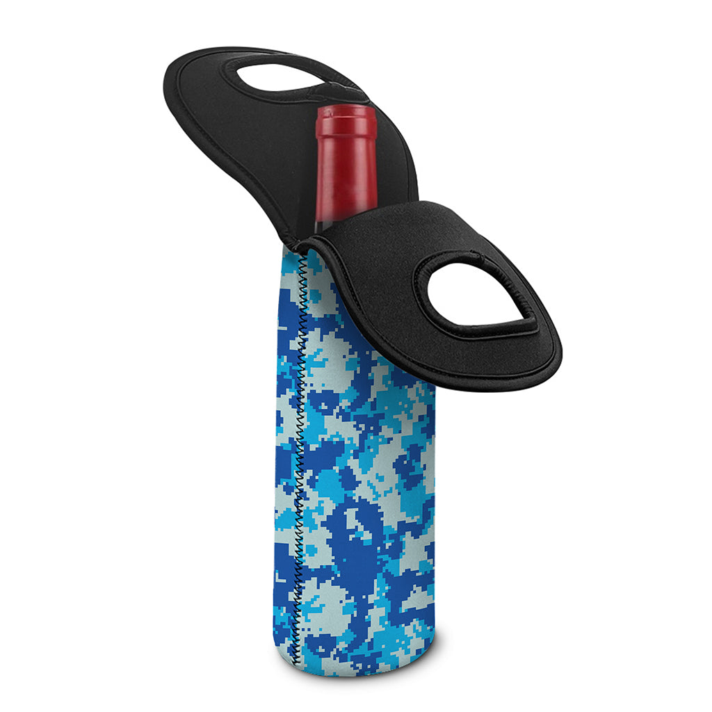 Blue Digital Camo Pattern Print Single Neoprene Wine Tote