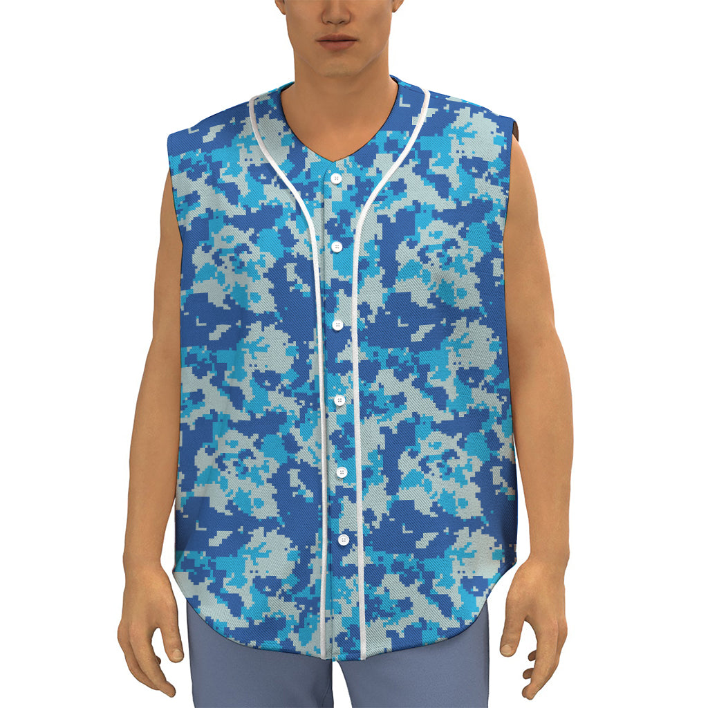 Blue Digital Camo Pattern Print Sleeveless Baseball Jersey