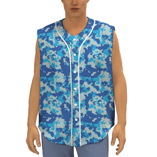 Blue Digital Camo Pattern Print Sleeveless Baseball Jersey