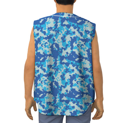 Blue Digital Camo Pattern Print Sleeveless Baseball Jersey