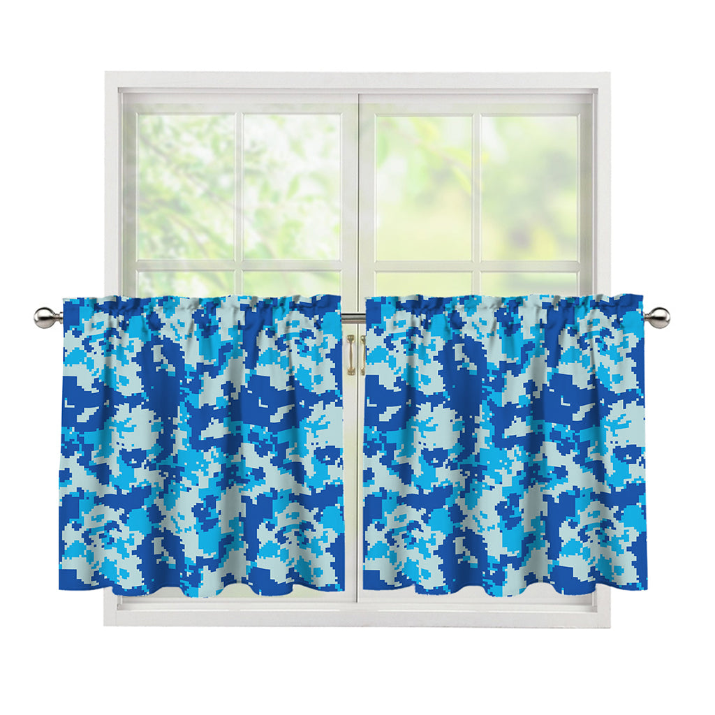 Blue Digital Camo Pattern Print Tier Curtains