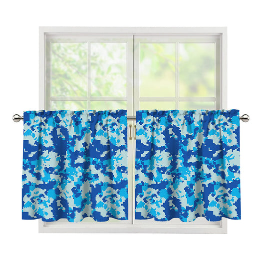 Blue Digital Camo Pattern Print Tier Curtains