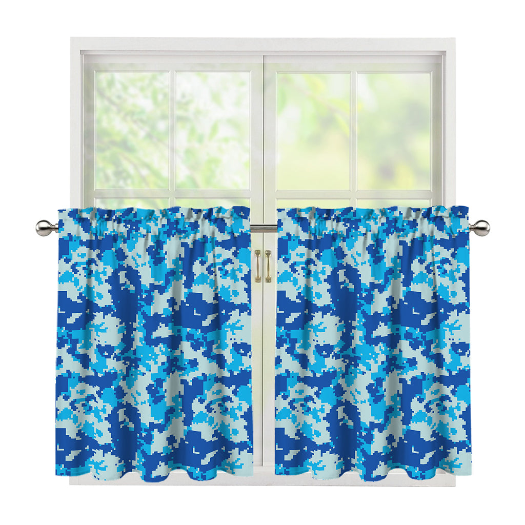 Blue Digital Camo Pattern Print Tier Curtains