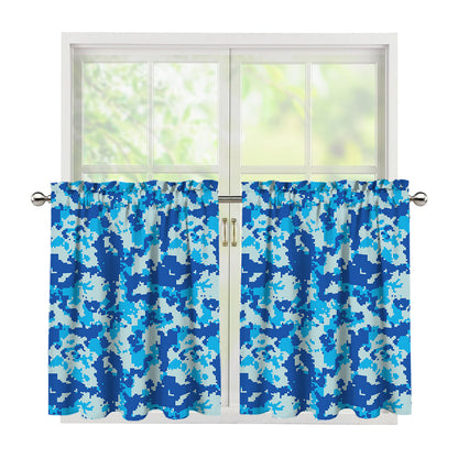 Blue Digital Camo Pattern Print Tier Curtains