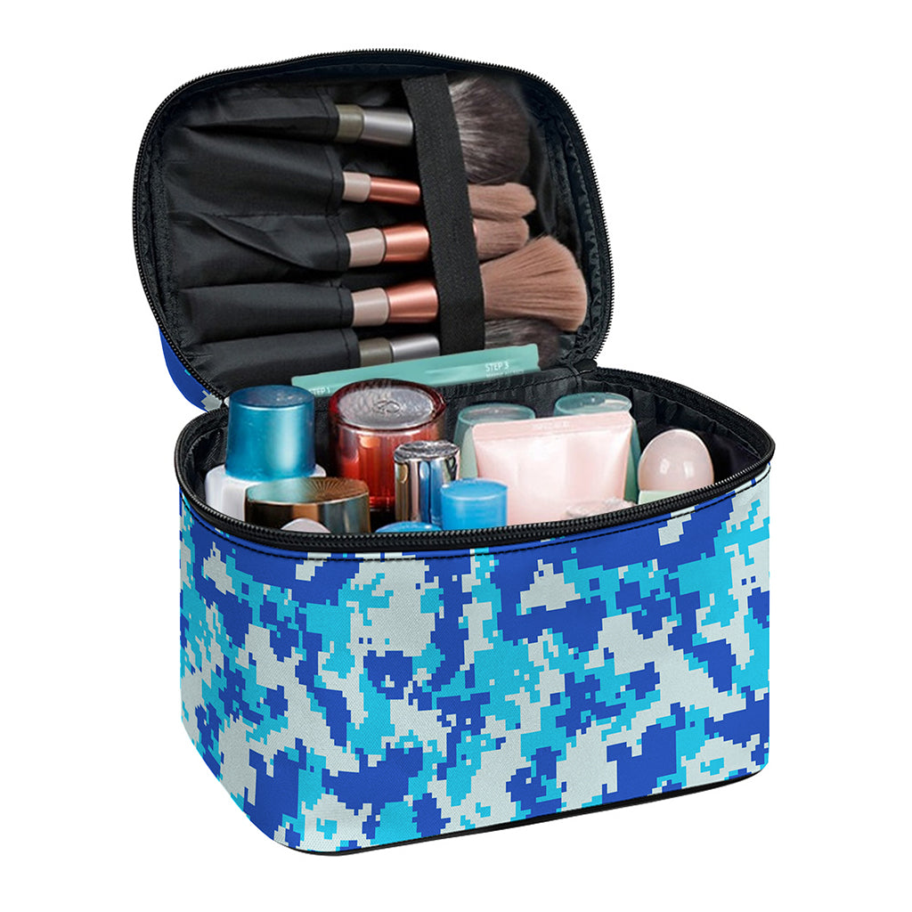 Blue Digital Camo Pattern Print Travel Makeup Bag