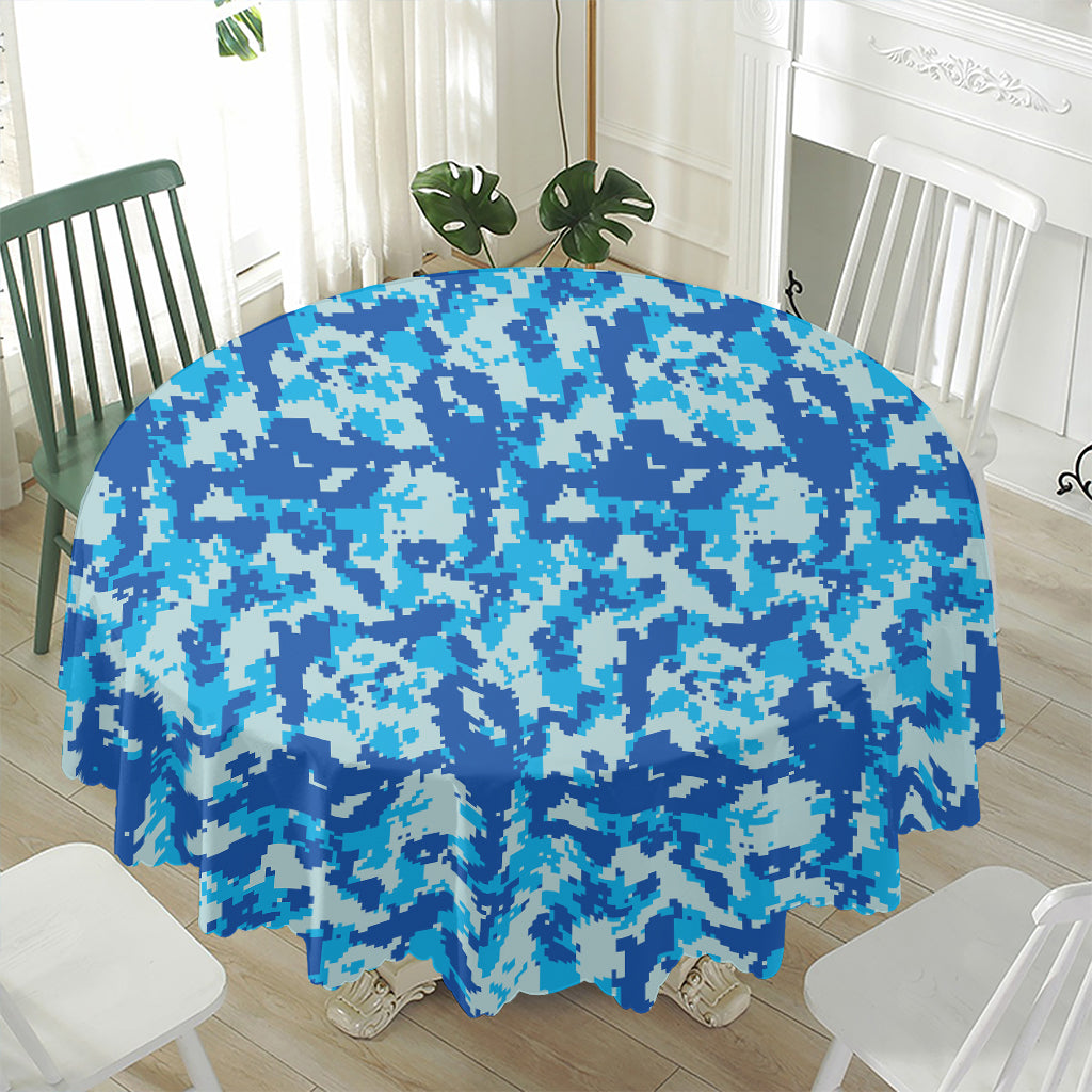 Blue Digital Camo Pattern Print Waterproof Round Tablecloth