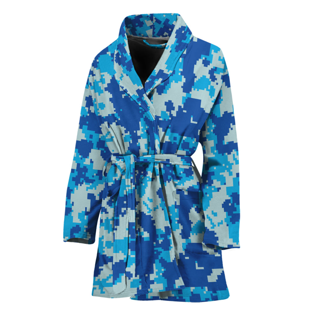Blue Digital Camo Pattern Print Women's Bathrobe