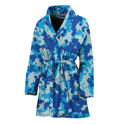 Blue Digital Camo Pattern Print Women's Bathrobe