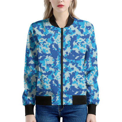 Blue Digital Camo Pattern Print Women's Bomber Jacket