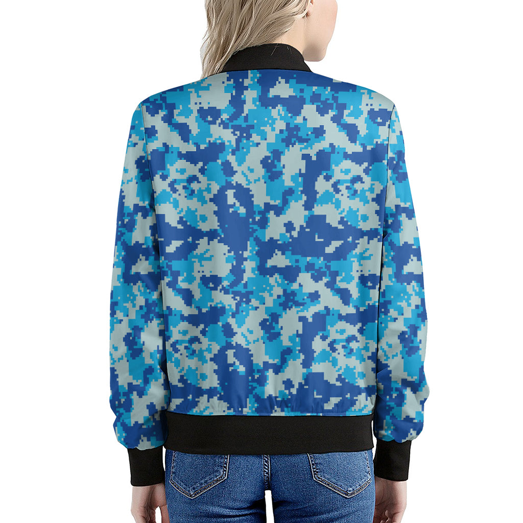 Blue Digital Camo Pattern Print Women's Bomber Jacket