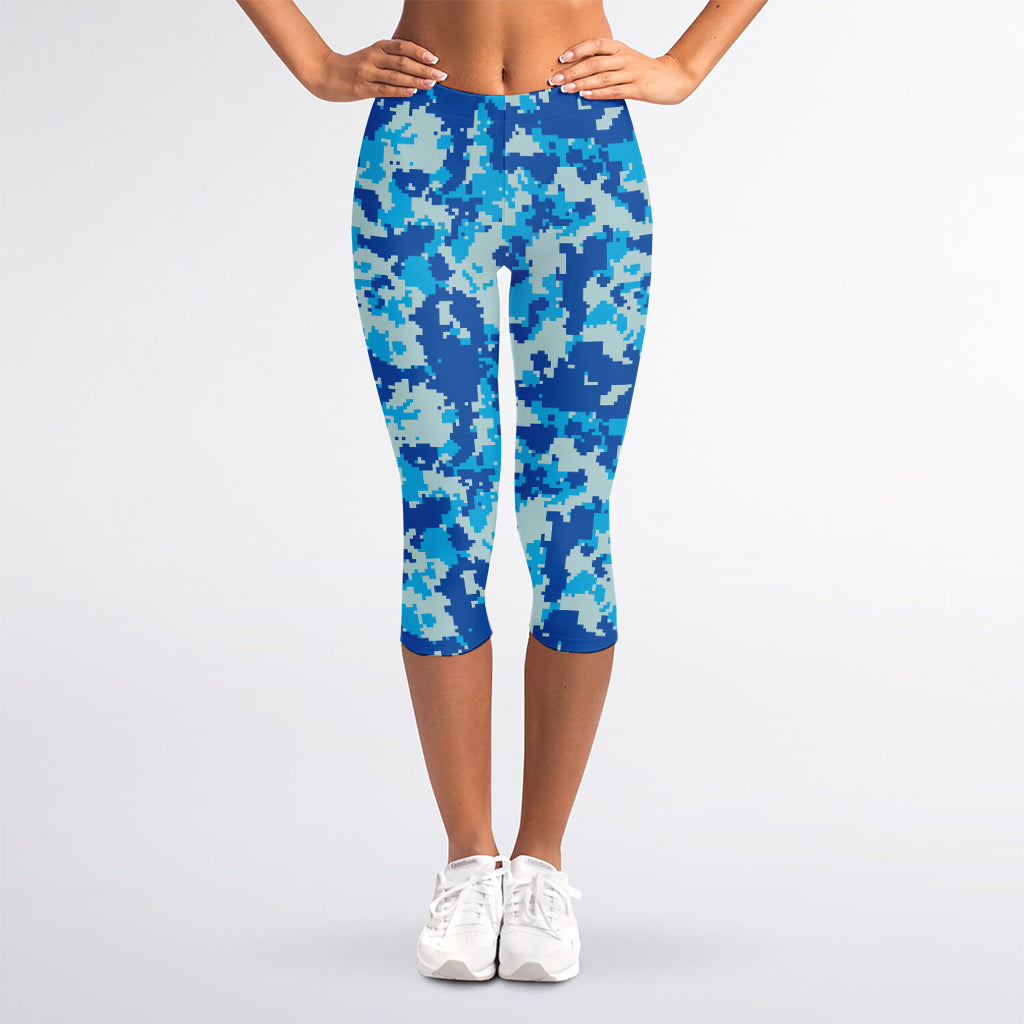 Blue Digital Camo Pattern Print Women's Capri Leggings