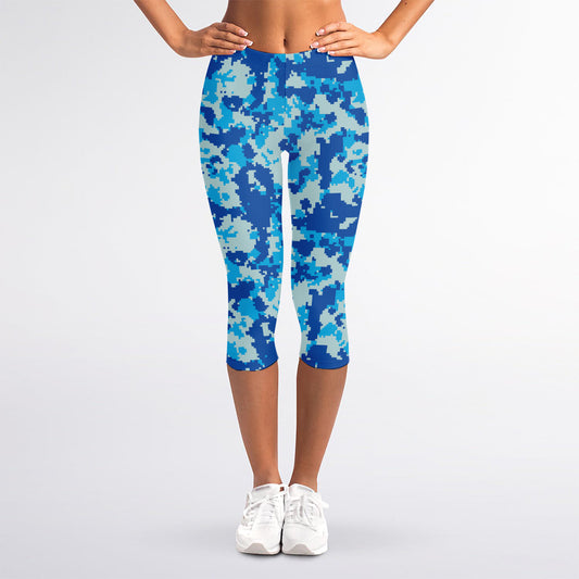 Blue Digital Camo Pattern Print Women's Capri Leggings