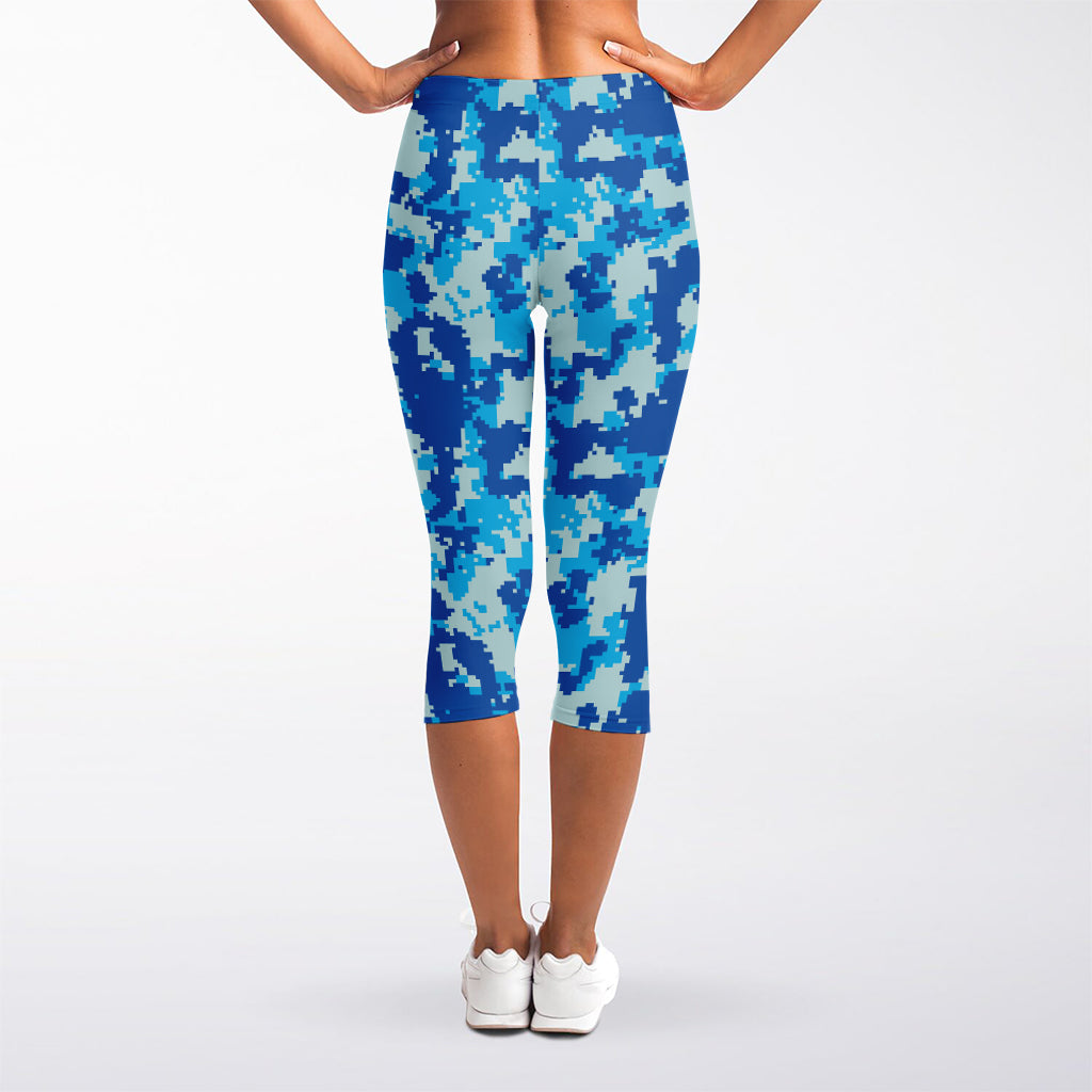 Blue Digital Camo Pattern Print Women's Capri Leggings
