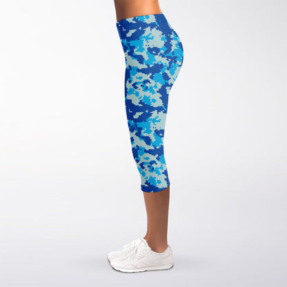 Blue Digital Camo Pattern Print Women's Capri Leggings