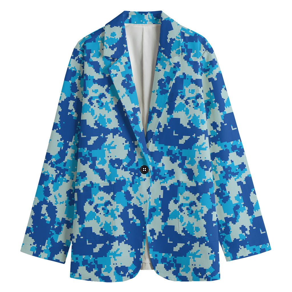 Blue Digital Camo Pattern Print Women's Cotton Blazer