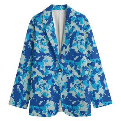 Blue Digital Camo Pattern Print Women's Cotton Blazer
