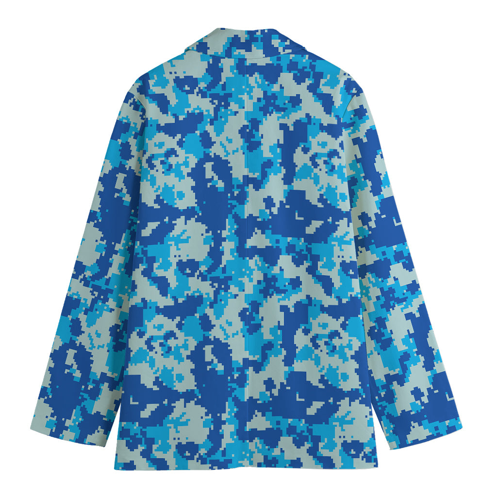 Blue Digital Camo Pattern Print Women's Cotton Blazer