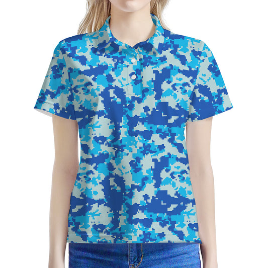 Blue Digital Camo Pattern Print Women's Polo Shirt