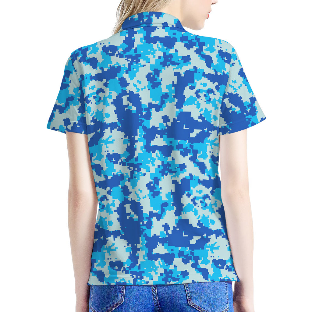 Blue Digital Camo Pattern Print Women's Polo Shirt