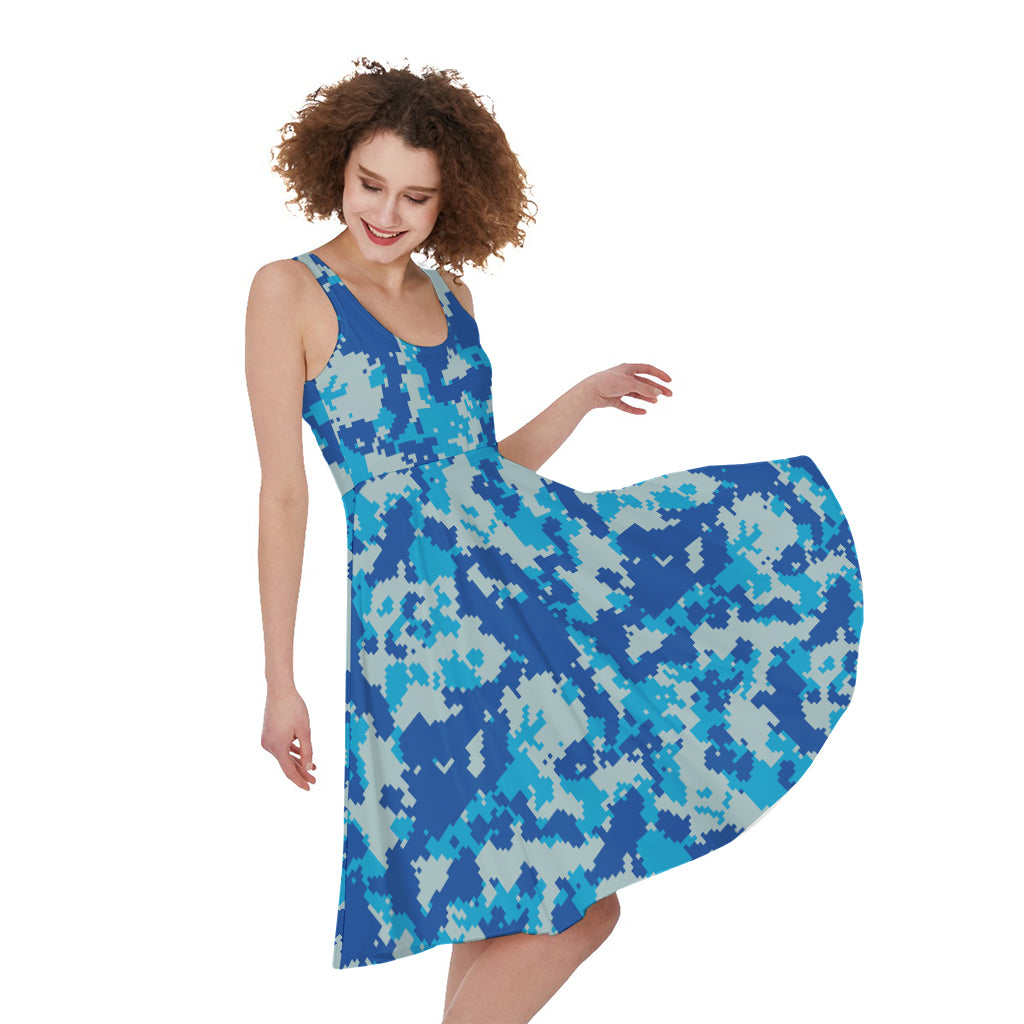 Blue Digital Camo Pattern Print Women's Sleeveless Dress