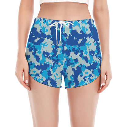 Blue Digital Camo Pattern Print Women's Split Running Shorts