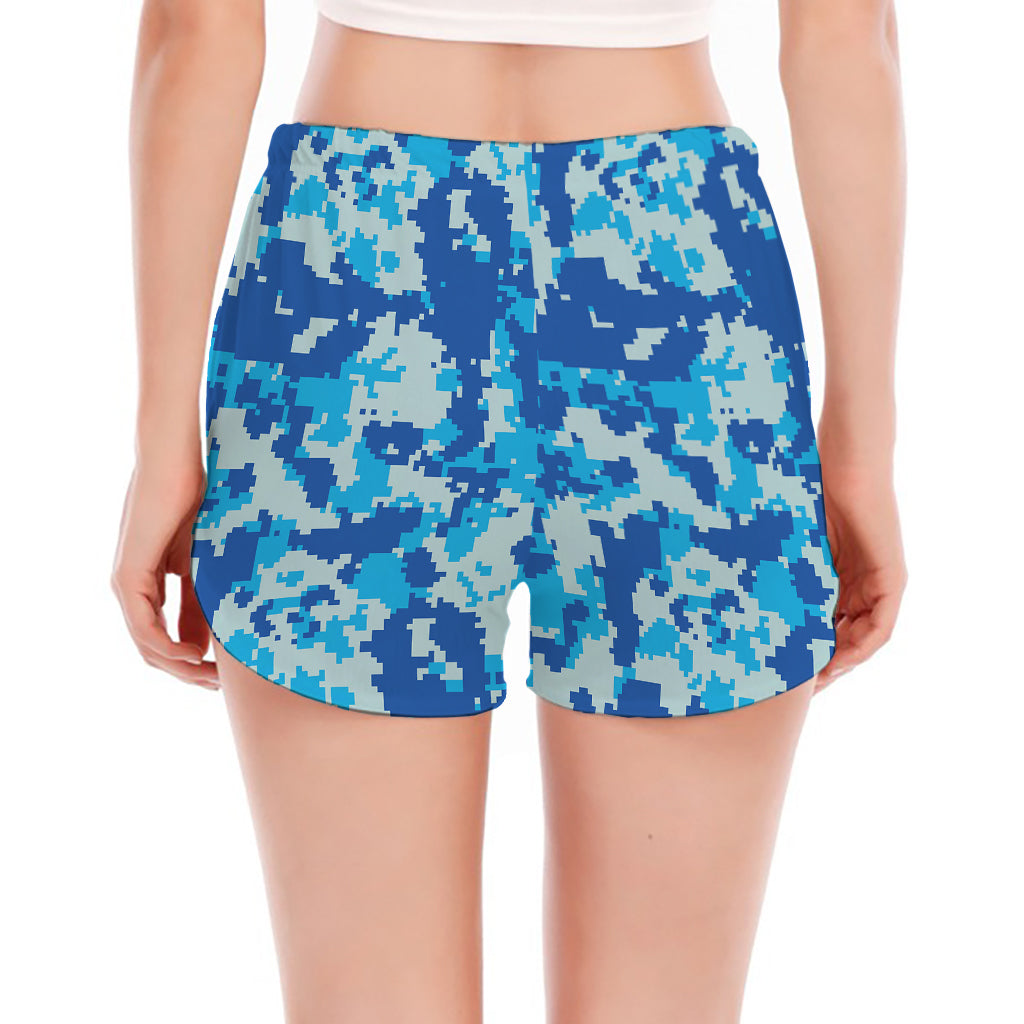 Blue Digital Camo Pattern Print Women's Split Running Shorts