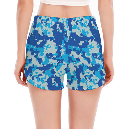 Blue Digital Camo Pattern Print Women's Split Running Shorts