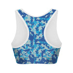Blue Digital Camo Pattern Print Women's Sports Bra