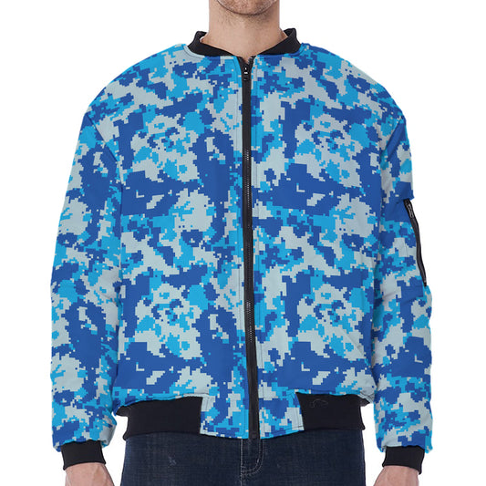 Blue Digital Camo Pattern Print Zip Sleeve Bomber Jacket