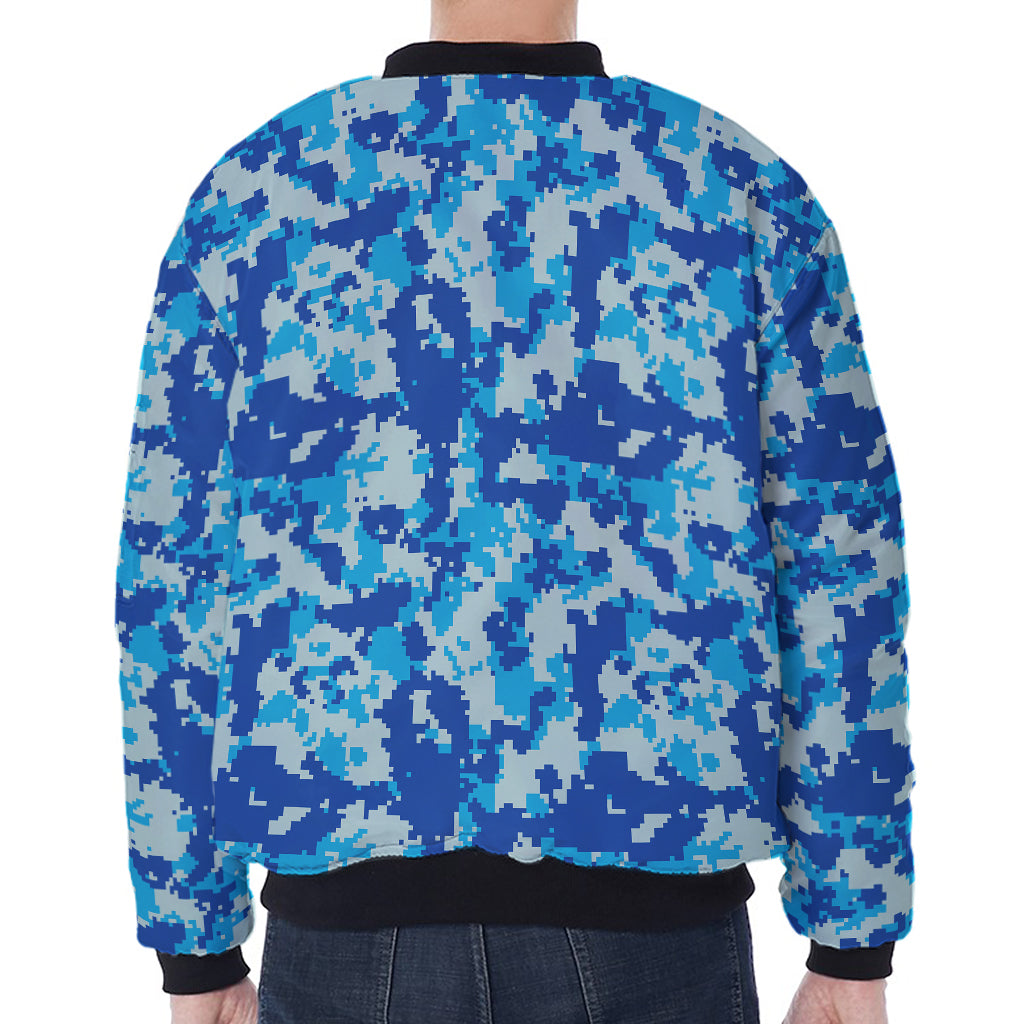 Blue Digital Camo Pattern Print Zip Sleeve Bomber Jacket