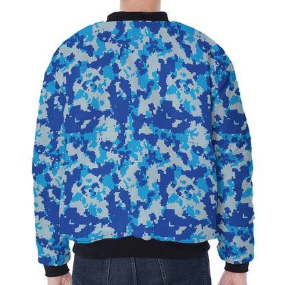 Blue Digital Camo Pattern Print Zip Sleeve Bomber Jacket