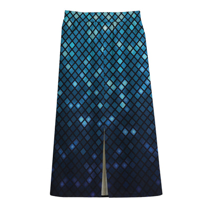 Blue Disco Lights Pattern Print Cotton Front Slit Maxi Skirt