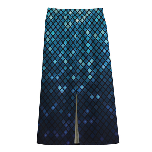 Blue Disco Lights Pattern Print Cotton Front Slit Maxi Skirt