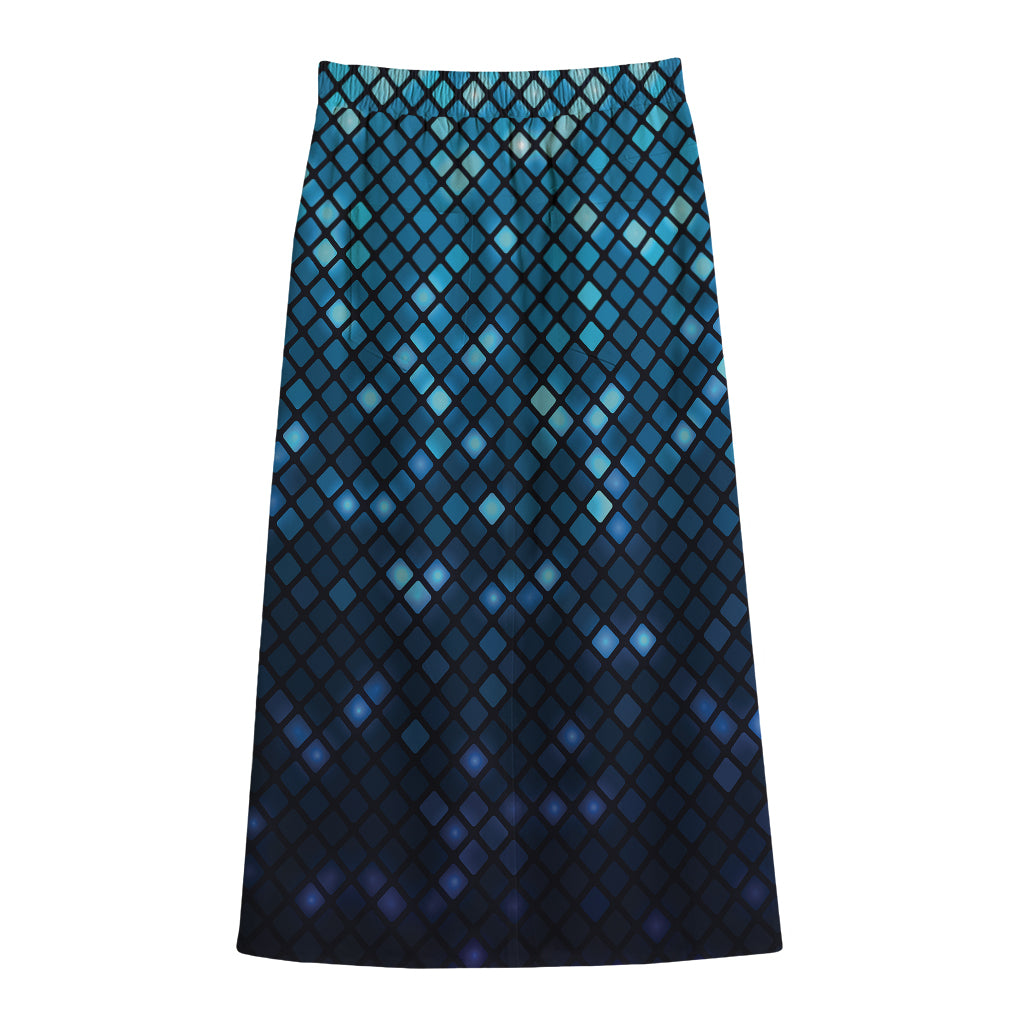 Blue Disco Lights Pattern Print Cotton Front Slit Maxi Skirt