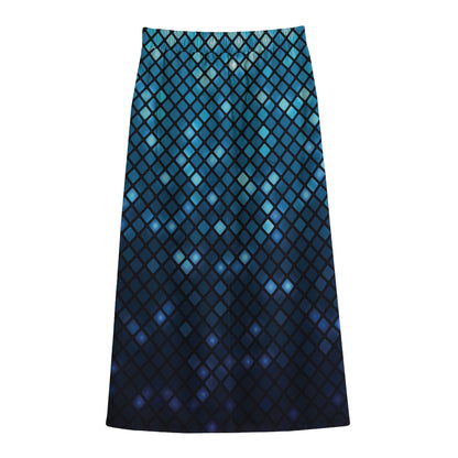 Blue Disco Lights Pattern Print Cotton Front Slit Maxi Skirt