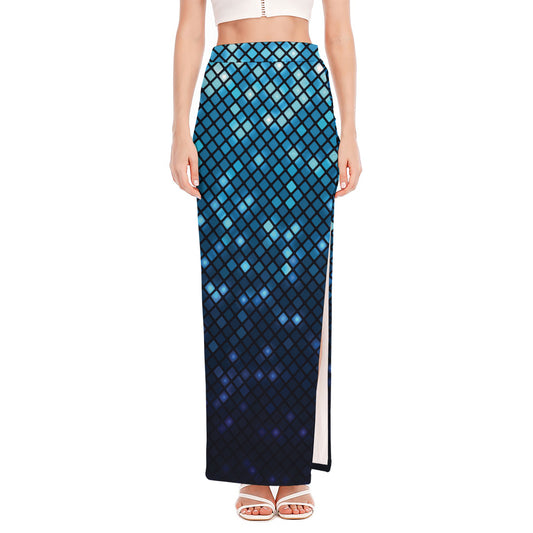 Blue Disco Lights Pattern Print High Slit Maxi Skirt