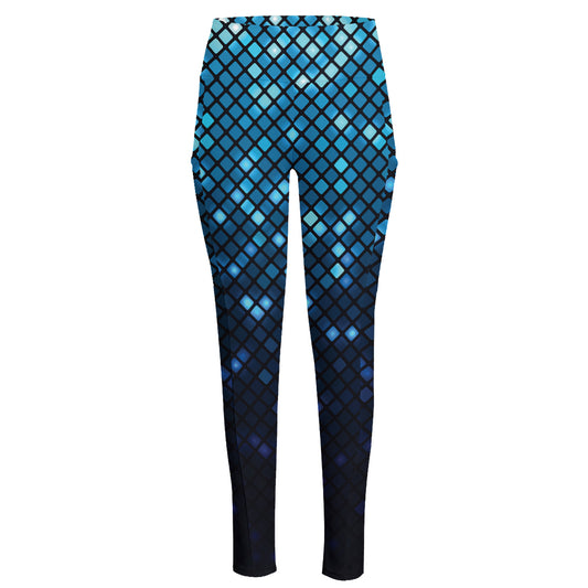 Blue Disco Lights Pattern Print High-Waisted Pocket Leggings